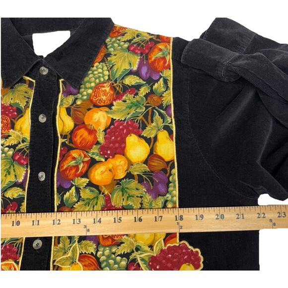 Quacker Factory Appliqué Fall Harvest Corduroy Shirt M Black Orange Button Up - Picture 8 of 10